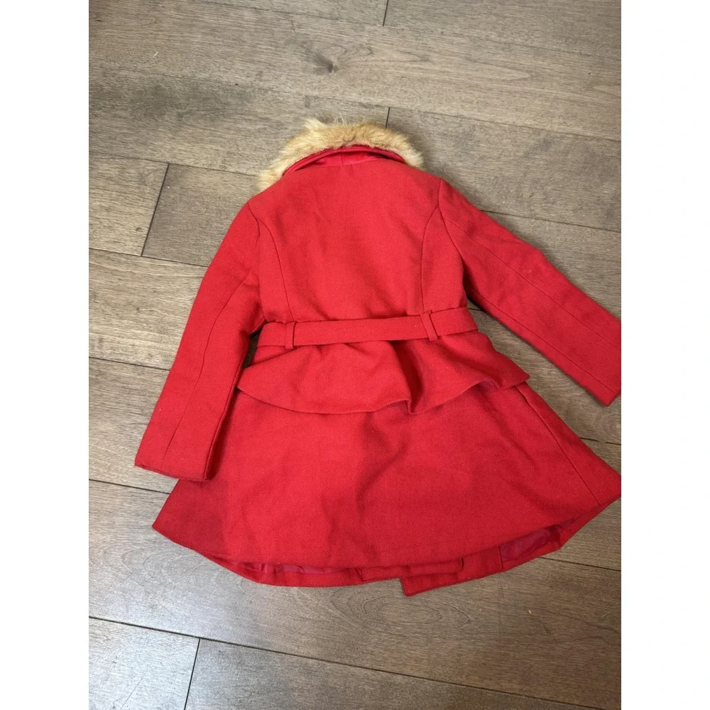 Janie and Jack Coat Girls 18-24 Months Red Faux Fur Collar Belted‎ Peplum Ruffle